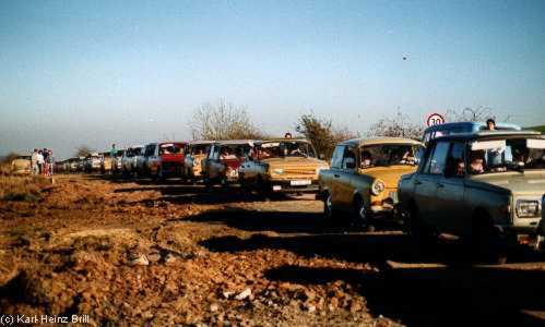 "Trabbis" eastgerman cars are crossing the open border